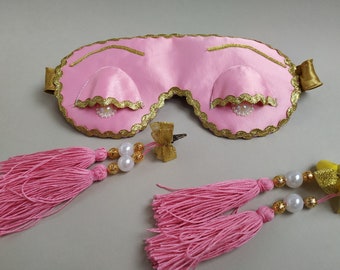 Satin pink eyelashes sleep mask set with beads and Tassel Earrings or Earplugs for breakfast at tiffanys party- College gifts for girls