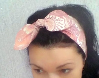 Top knot Peach abstraction womens headband; bow tie head wrap; Pin Up; Rockabilly bandana; dolly bow headscarf;  Girl Headband