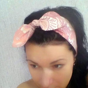 Top knot Peach abstraction womens headband; bow tie head wrap; Pin Up; Rockabilly bandana; dolly bow headscarf;  Girl Headband