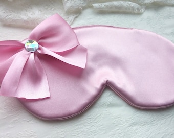 Pink blackout sleep mask, Satin headmade sleep mask with big bow, Cute Eye cover, Blindfold