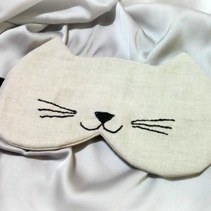 Unisex Organic Linen Cat sleep mask/ Cute embroidered cat night eye pillow/ Soft travel sleep mask/ spa Party favor/ Pj mask Kitty blindfold