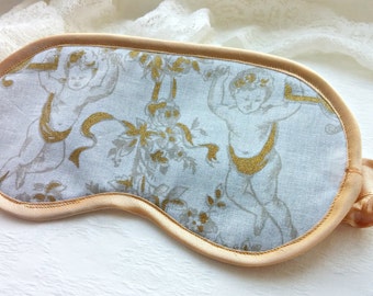 Gift for her handmade sleep mask "Golden angels", Cute Nighttime eye mask, Eco-friendly sleeping mask, Organic Cotton Organic Eye mask