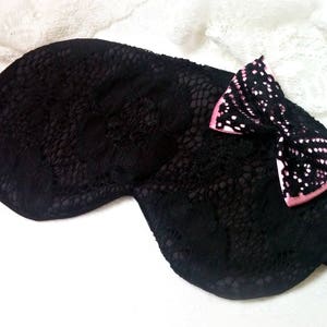 Gift for Her from Black lace headmade Sleep Mask with pink bow / Cute Eye Mask / Satin eye cover /Blackout Blindfold luxury night mask