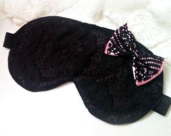 Gift for Her from Black lace headmade Sleep Mask with pink bow / Cute Eye Mask / Satin eye cover /Blackout Blindfold luxury night mask