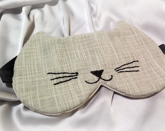 Organic Linen Cat sleep mask/ Cute embroidered cat night eye pillow/ Soft travel sleep mask/ spa Party favor/ Pj mask Kitty blindfold Unisex