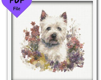 Floral Westie Cross Stitch Pattern PDF Digital Design