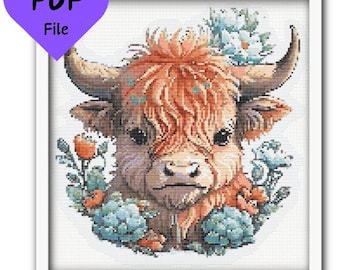 Highland Cow with Succulents Cross Stitch Pattern PDF Digital Design