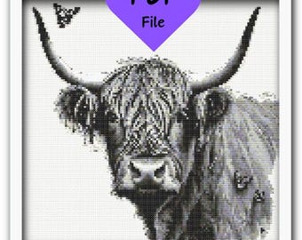 Highland Cow with Butterfly Cross Stitch Pattern PDF Digital Design