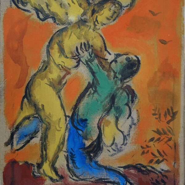 Marc CHAGALL : Jacob's struggle with the Angel - Signed Lithograph with COA