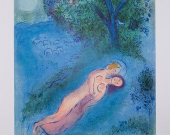 Marc Chagall: De geliefden voor de boom, Philetas - Origineel gesigneerde litho - 1987