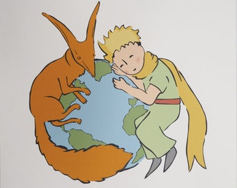Antoine DE SAINT- EXUPERY( after) -The Little Prince and the Fox protect the Earth, 2022 - Photolithography