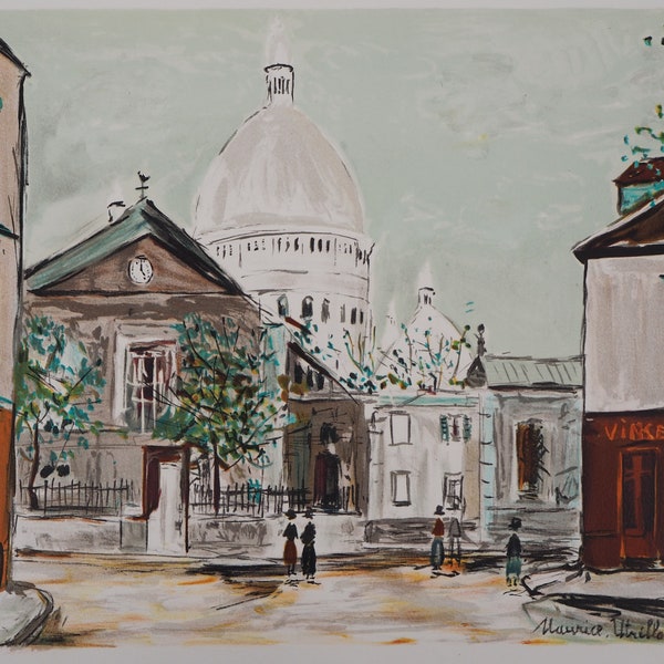 Maurice UTRILLO: Place du Tertre in Montmartre, Kerk van Saint-Pierre en Sacré Coeur - Gesigneerde lithografie