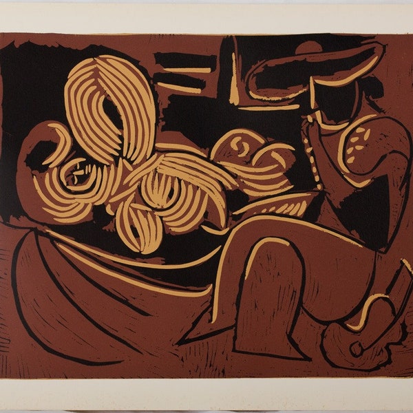 Pablo Picasso : Deux femmes écoutant le guitariste - Linogravure