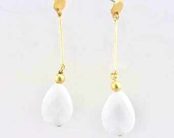 Pendientes largos de porcelana blanca, pendientes colgantes de porcelana, pendientes de gota blanca, pendientes colgantes de oro, joyas de porcelana de cerámica para mujer
