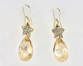 Swarovski Light Colorado Topaz Crystal Dangle Earrings, Faceted Crystal Gold Earrings, Dangle Drop Earrings, Earrings Gift, Party Earrings