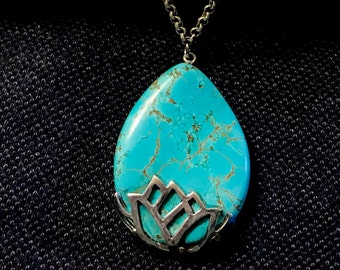 Turquoise Necklace | Turquoise Pendant | Lotus Necklace | Lotus Flower Necklace | Turquoise Statement Necklace | Silver Turquoise | Floral