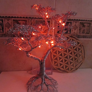 Wire Bonsai SpirTree with red led lights
