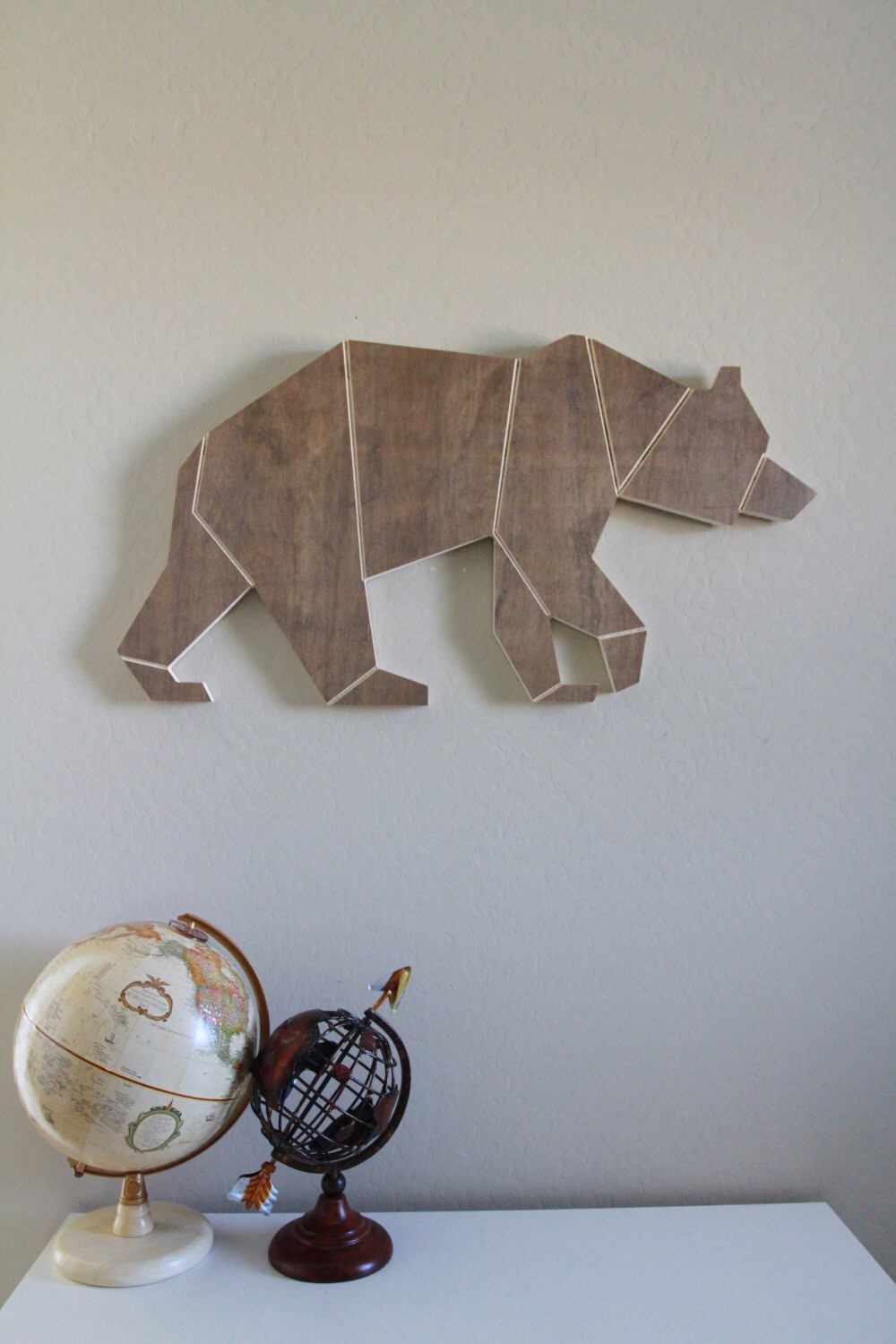 Wood Engraved Geometric Bear for Home Wall or Nursery Decor