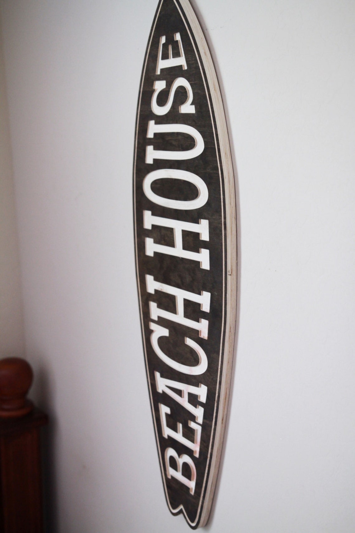 Stained Wood Beach House Engraved Sign Surf Board Cutout Wall Etsy
