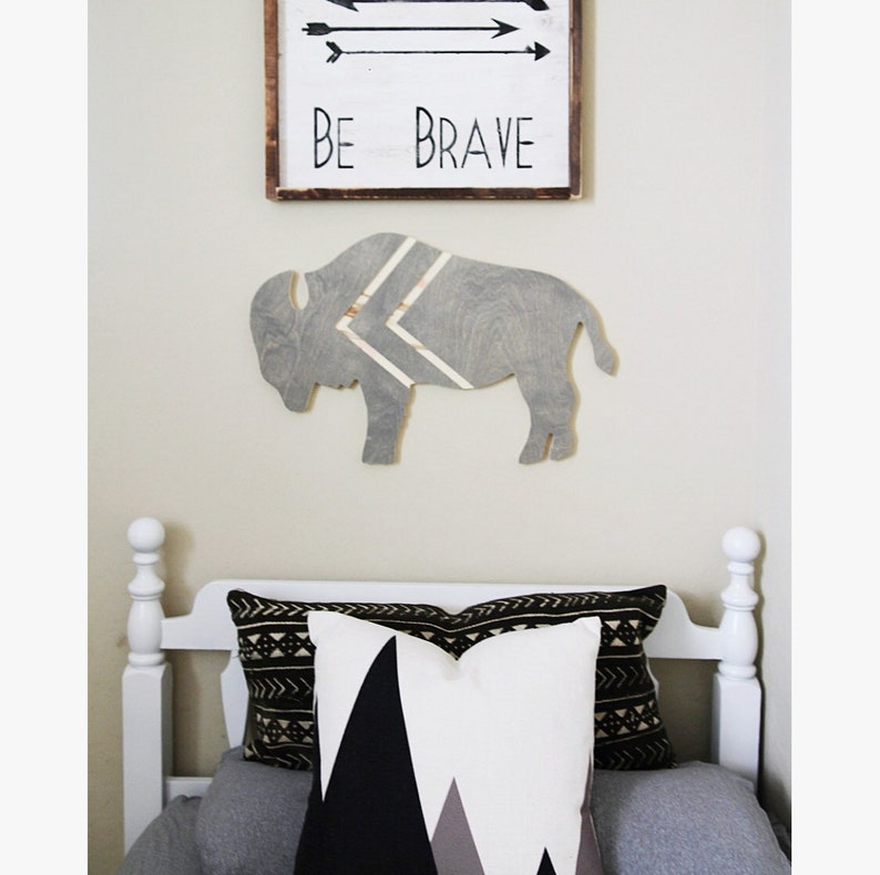 Bohemian Buffalo wood cutout with Chevron engraved lines for Nursery or Kids room decor