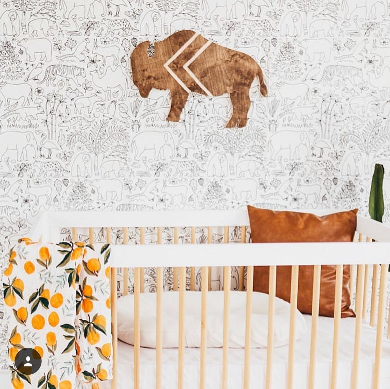 Bohemian Buffalo wood cutout with Chevron engraved lines for Nursery or Kids room decor