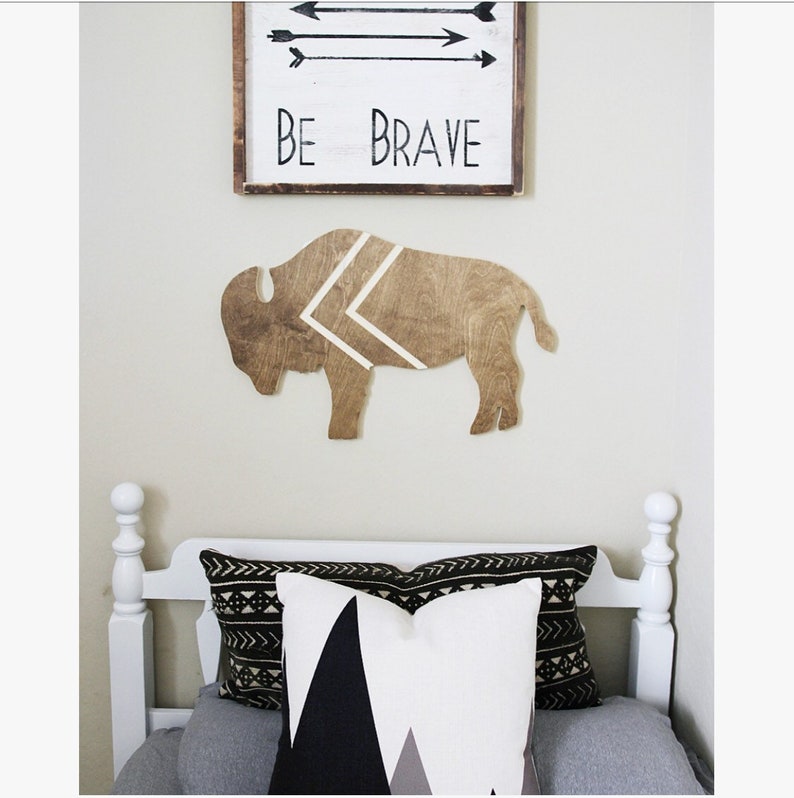 Bohemian Buffalo wood cutout with Chevron engraved lines for Nursery or Kids room decor