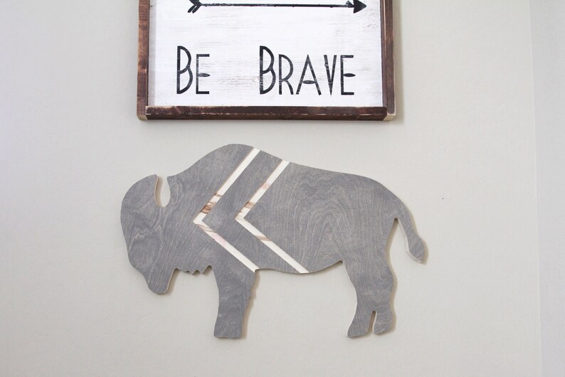 Bohemian Buffalo wood cutout with Chevron engraved lines for Nursery or Kids room decor