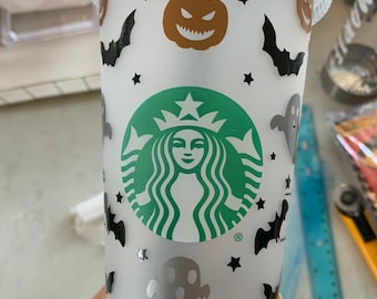 Copo frio reutilizável Halloween Starbucks | Copo Venti com tampa e canudo | Envoltório de design completo | Copo frio personalizado