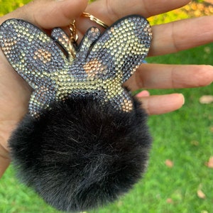 Pom Pom Schlüsselanhänger / 12,5&quot; Flauschige Pompoms Schlüsselanhänger / Kunsthasen Fell / Pompom Schlüsselanhänger / Weicher Schlüsselanhänger / Schmetterling Pompom / Rhymestone