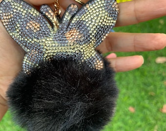 Pom Pom Key chains / 4.5" Fluffy Pompoms Key chain / Faux Rabbit Fur /Pompoms Keyring/ keychain/ soft keychain/ Butterfly pompom/ Rhymestone