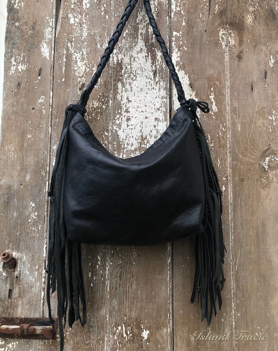 black leather fringe purse