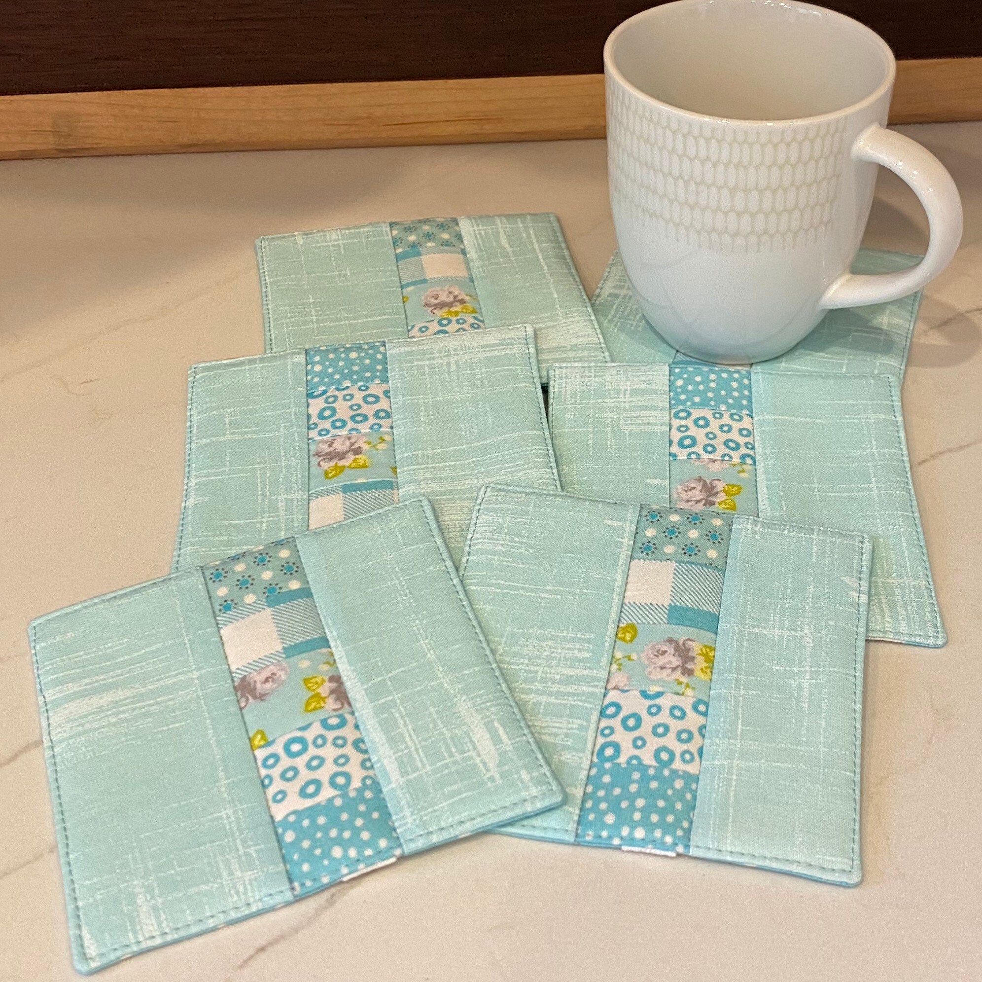 6 Quilted Drink Coasters in pretty Light teal and aqua fabrics