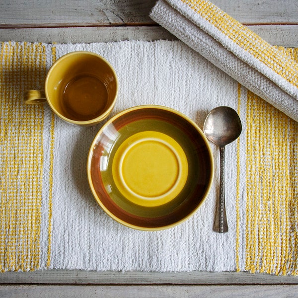 Woven Placemat Set of 2, Yellow and White Table Mat, Handmade Table Rug, Swedish Vintage Table Top, Food Prop, Photo Styling