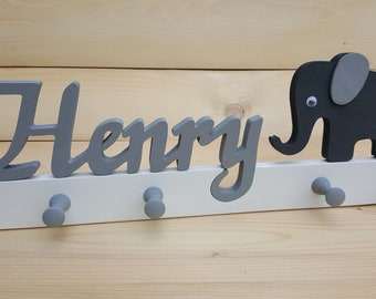 Children's wardrobe wooden elephant name hook rail coat hooks children's room