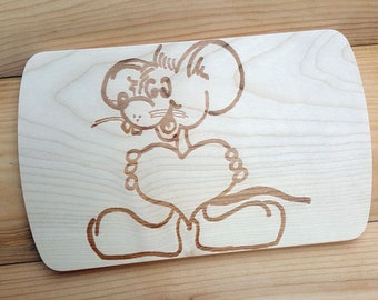 Frühstücksbrettchen Maus mit Herz Name Gravur Holz Brotbrett