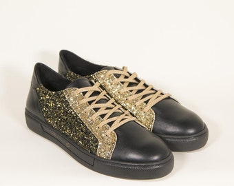 Sparkle sneakers   Gold sneakers   Black bridal shoes  Party shoes   Designer sneakers   Lace up flats   Anniversary gift