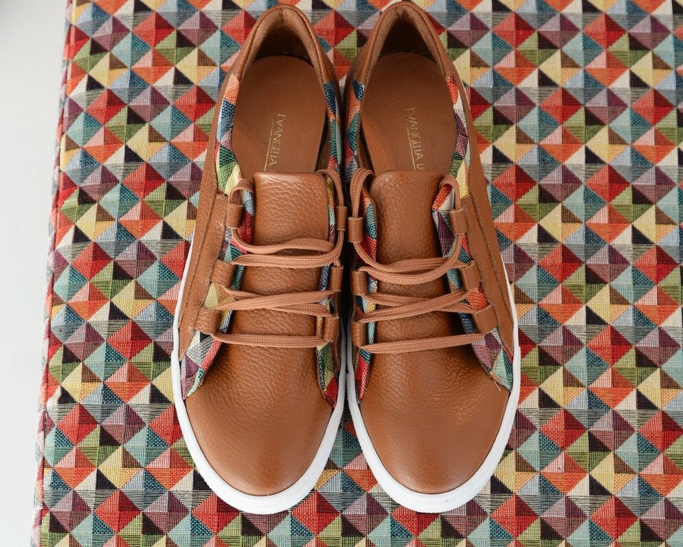 Rapido Brown Leather Sneakers - Brown Woven