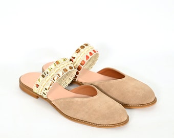 Beige suede mules women   Clog sandals   Low heel mules  Everyday mules   Fancy shoes  Casual soft leather flats