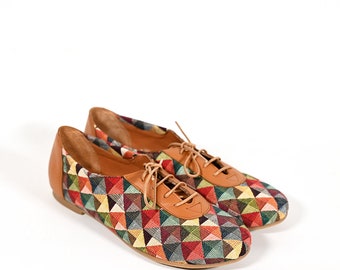 Unique amazing shoes  Colorful oxford shoes  Handmade flat shoes  Brown leather lace up flat oxford shoes    Women shoes