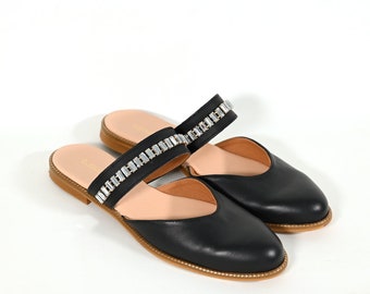 Black leather mules women  Clog sandals   Low heel mules  Sexy strass mules   Amazing shoes   Casual soft leather flats