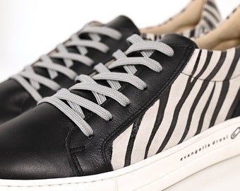 Leather sneakers women   Black and white sneakers    Designer sneakers women   Unique shoes   Comfort lace up flats   Women casual shoes