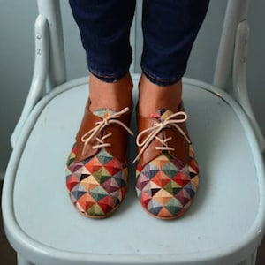 Multicolored shoes  Oxford shoes women  Handmade flat shoes for bride   Brown leather lace up flat oxford shoes  Unique amazing shoes