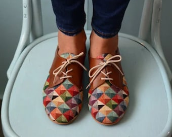 Multicolored shoes  Oxford shoes women  Handmade flat shoes for bride   Brown leather lace up flat oxford shoes  Unique amazing shoes