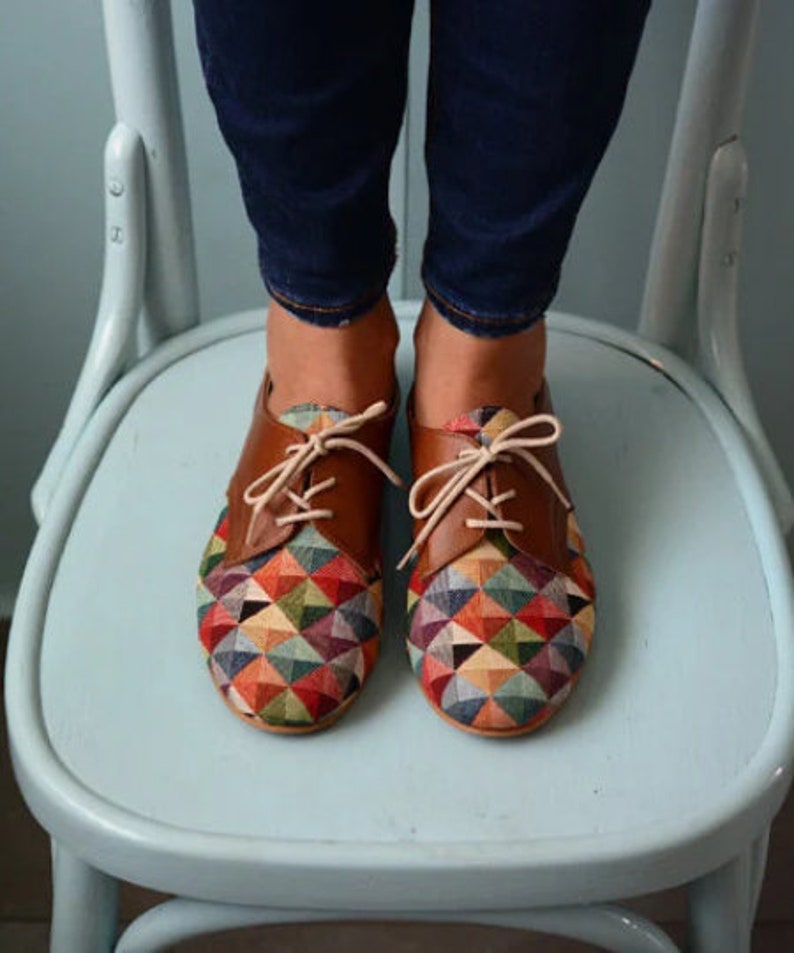 Multicolored shoes  Oxford shoes women  Handmade flat shoes for bride   Brown leather lace up flat oxford shoes  Unique amazing shoes