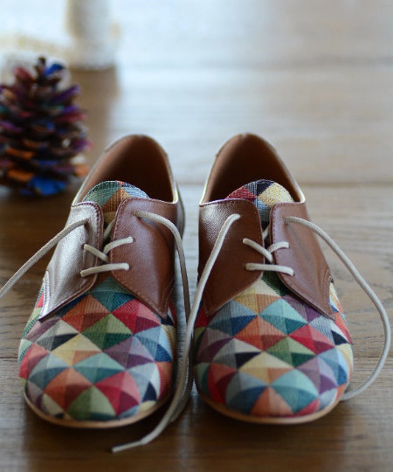 Multicolored shoes  Oxford shoes women  Handmade flat shoes for bride   Brown leather lace up flat oxford shoes  Unique amazing shoes