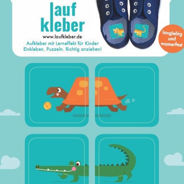 Schuh- Aufkleber zum Lernen  LAUFKLEBER. Aufkleber Kindergarten, Tiger, Schildkröte, Krokodil