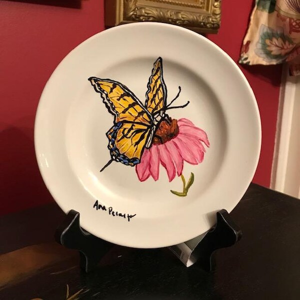 Butterfly Art,6.5" Hand Painted Butterfly Plate with Easel,Decorative Butterfly and Coneflower Plate,Decorative Butterfly Plate,Table Decor