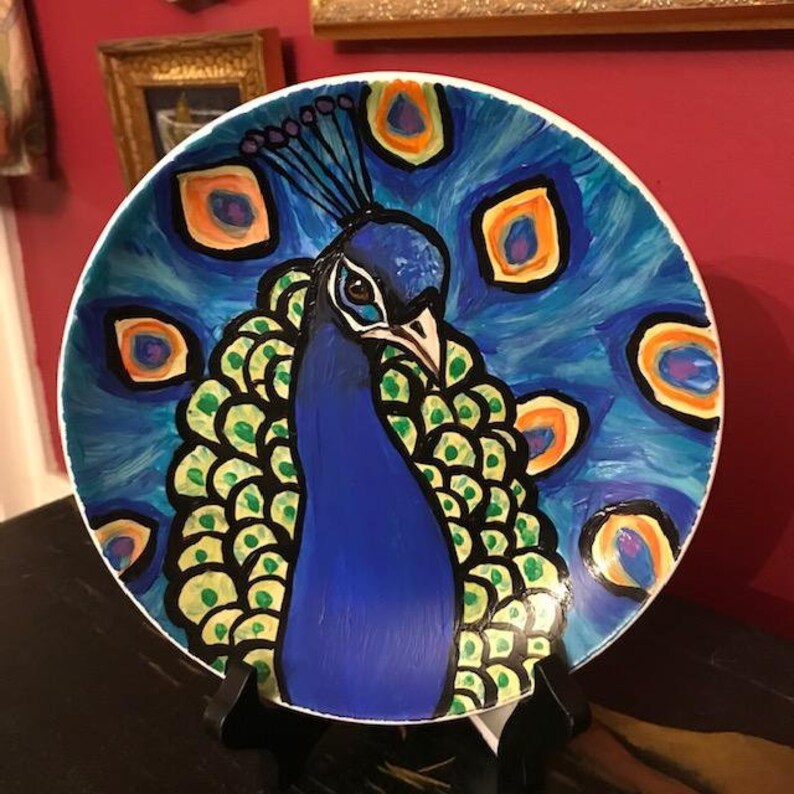 Whimsical Peacock Art,7.75 Hand Painted Decorative Whimsical Peacock Plate and Easel,Peacock Art,Peacock Plate and Easel,Peacock Plate Gift