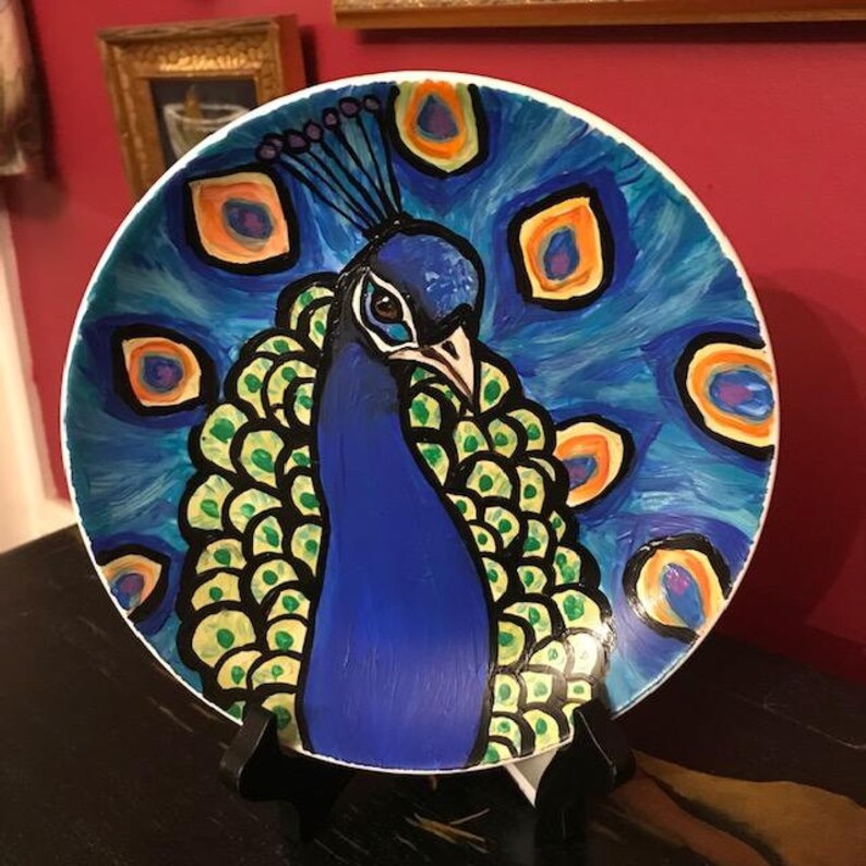 Whimsical Peacock Art,7.75 Hand Painted Decorative Whimsical Peacock Plate and Easel,Peacock Art,Peacock Plate and Easel,Peacock Plate Gift