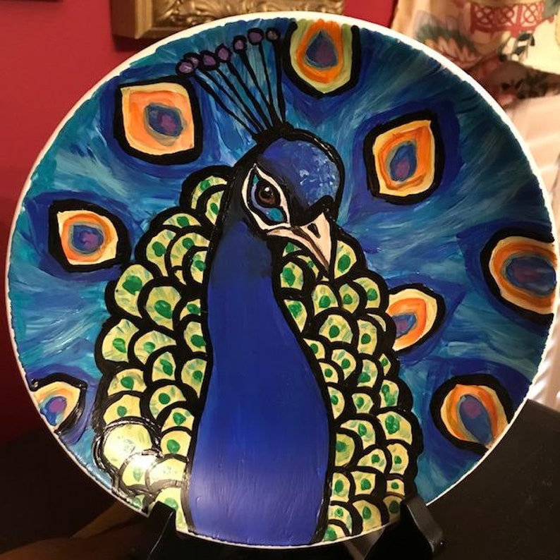 Whimsical Peacock Art,7.75 Hand Painted Decorative Whimsical Peacock Plate and Easel,Peacock Art,Peacock Plate and Easel,Peacock Plate Gift